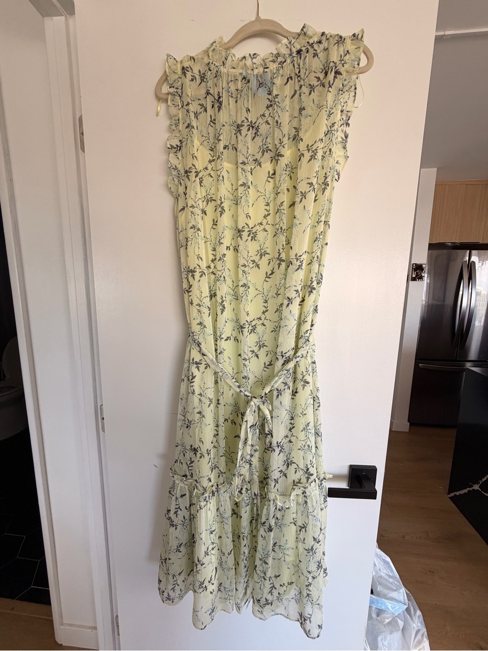 CeCe Pale Yellow Floral Maxi Dress with Navy Print